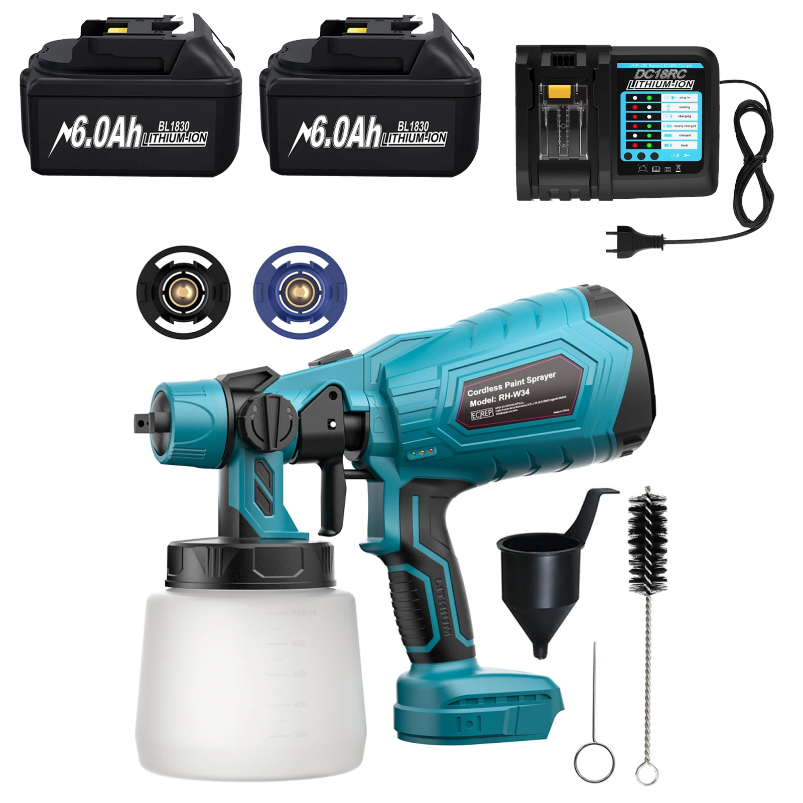1000ML Kabellose elektrische Farbspritzpistole für Makita 18V Ersatzakku Farbspritzpistole kabellos für Makita BL1830 Akku