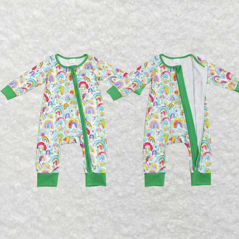 

Wholesale children's clothing baby kids clothes newborn toddler Rainbow four-leaf Clover green zipper long-sleeved onesie romper