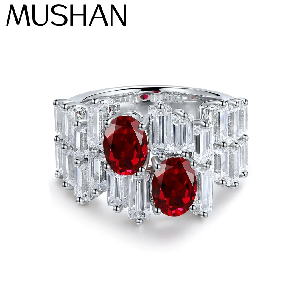 

MUSHAN Custom Jewelry 925 Sterling Silver Ring Lab Red Emerald Asscher Formal Ring for Women 18K Gold Plated Anniversary Rings