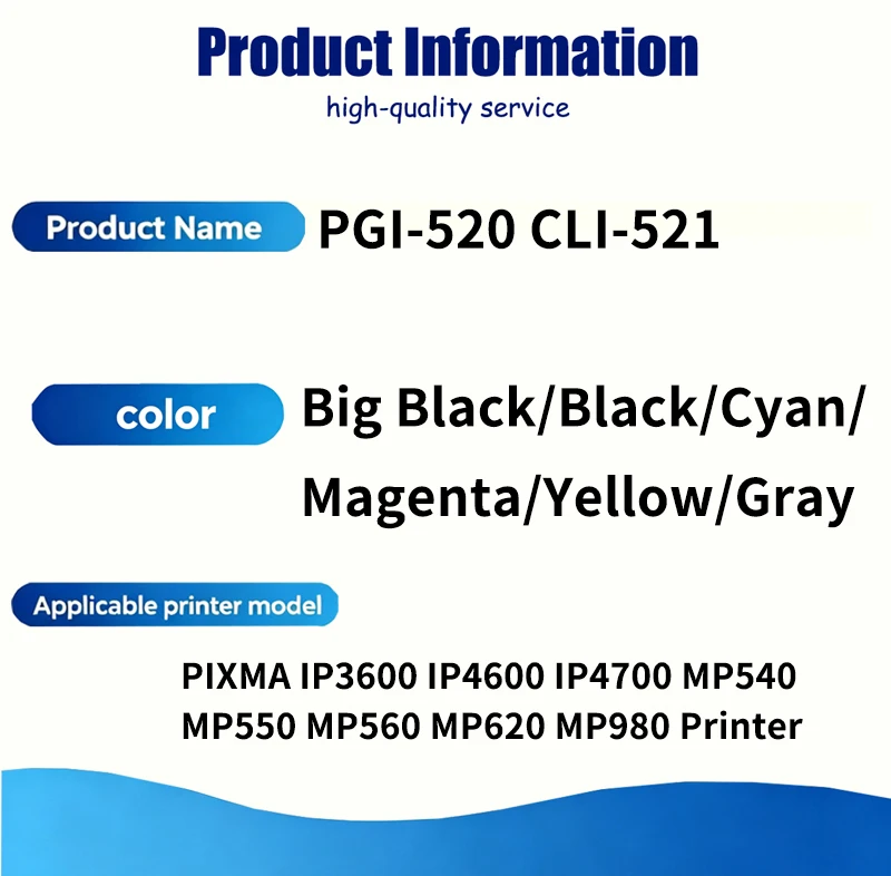 1-3set PGI-520 CLI-521 PGI520 CLI521 Ink Cartridge Compatible For Canon PIXMA IP3600 IP4600 IP4700 MP540 MP550 MP560 MP620 MP980