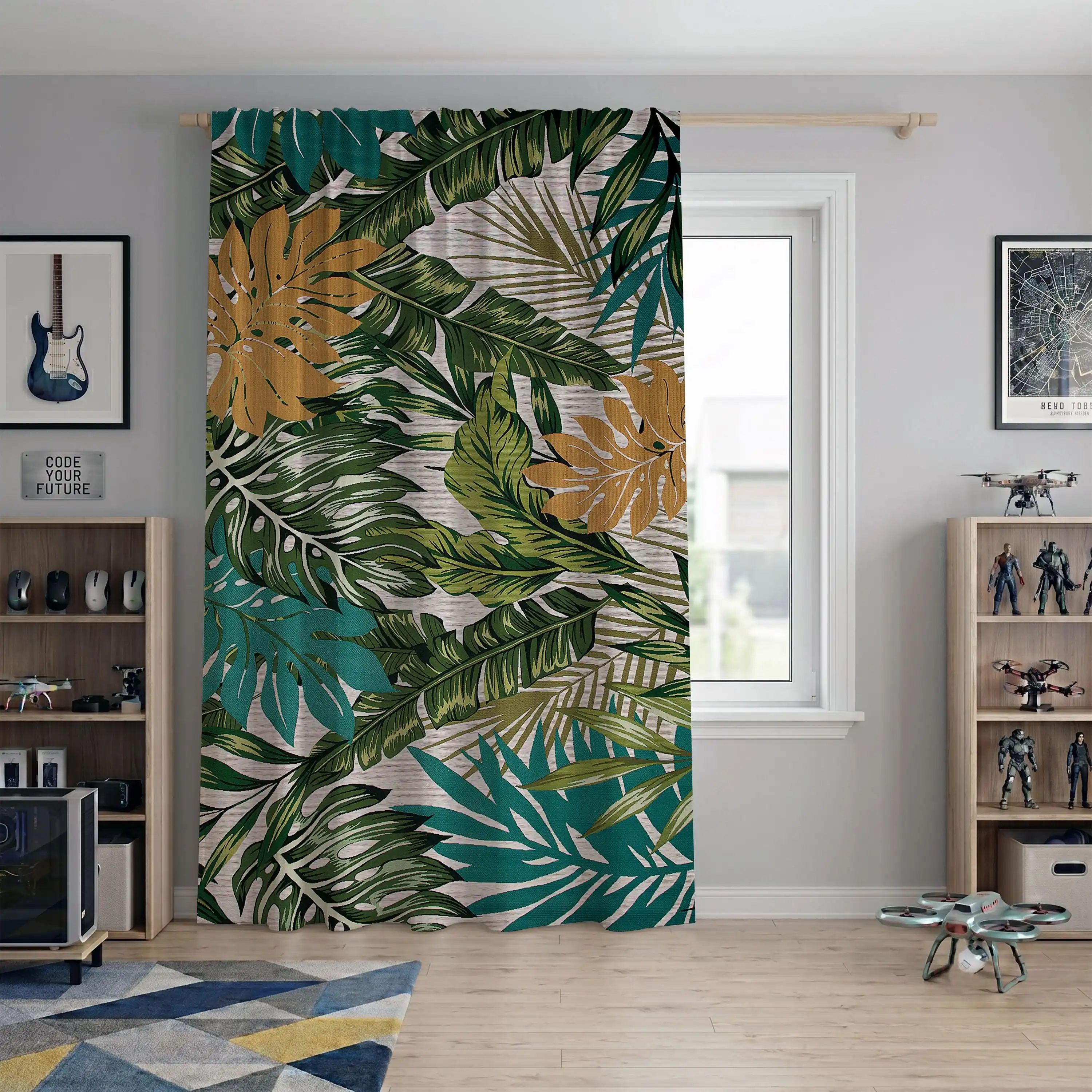 Tropical Leaf Print Curtains for Living Room Home Decor Green Jungle Pattern Window Drapes