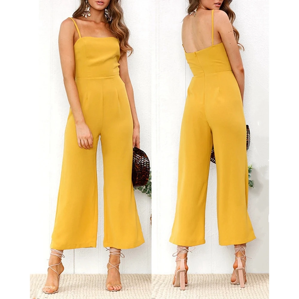 

Women Spaghetti Strap Ruched Backless Wide Leg Elegant Work Jumpsuits Lady Summer One-Piece Sleeveless Jumpsuit Street Outwear