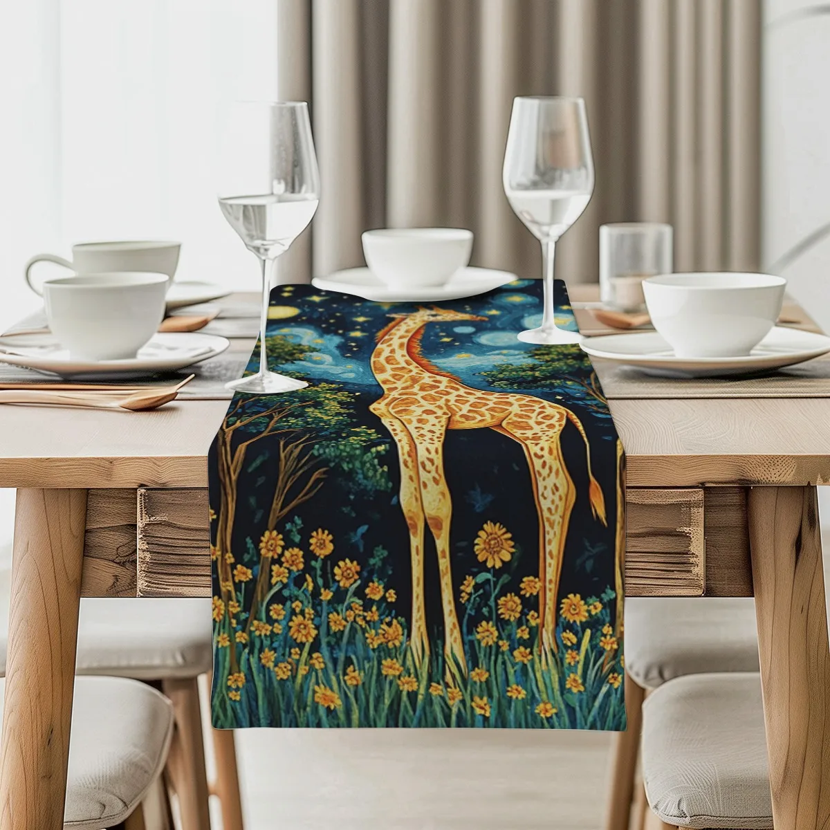 decoration table runner Giraffe Starry Night Impressionist Style Tablecloth for festival home party decor,available in multiple