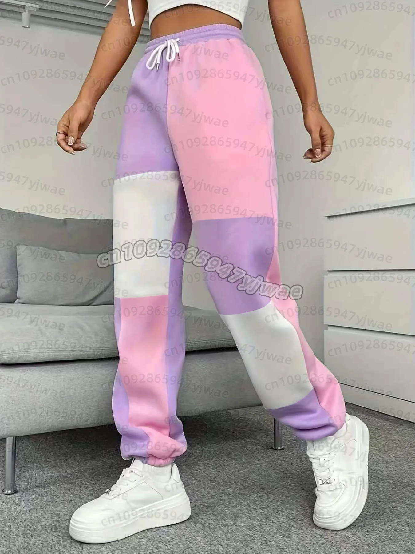 Y2K Women Color Block Sweatpants Pink Purple Patchwork Joggers Elastic Drawstring Loose Casual Trousers Streetwear Sports Pants