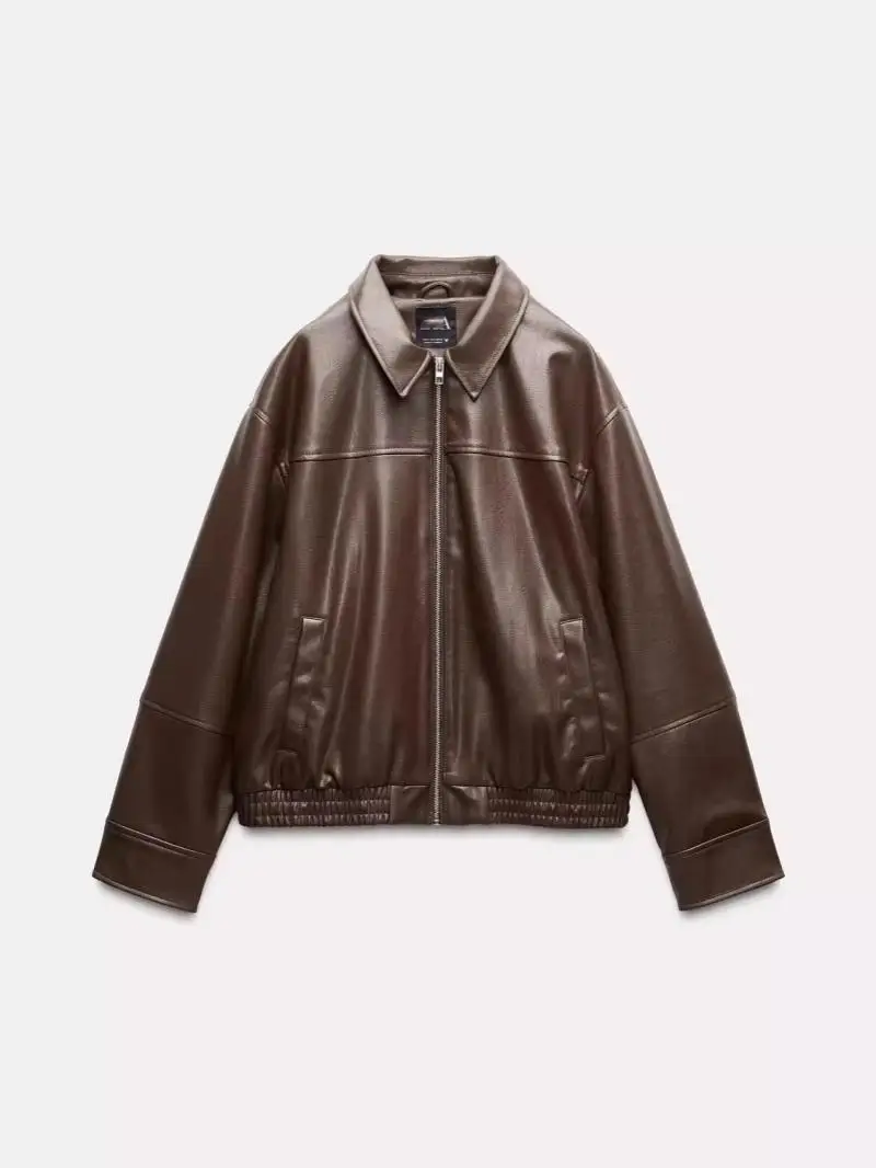 ربيع الخريف المرأة الجديدة فضفاضة الأمريكية Sle فو الجلود الطيار Jaet ملابس خارجية طويلة Sve سستة إغلاق الشارع Sle #2