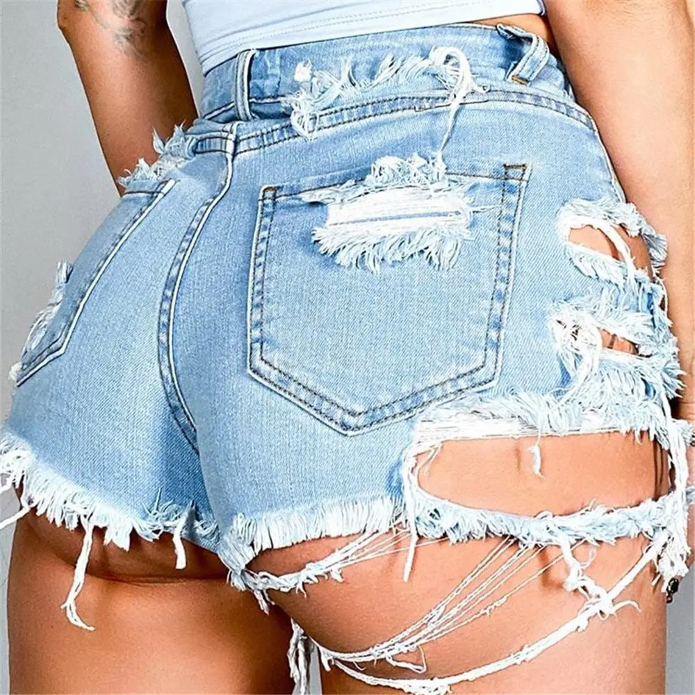 Women Denim Shorts Sexy  Ripped Denim Hot Pants Ladies Solid Casual Pocket  Frayed Holes Short Pants Streetwear