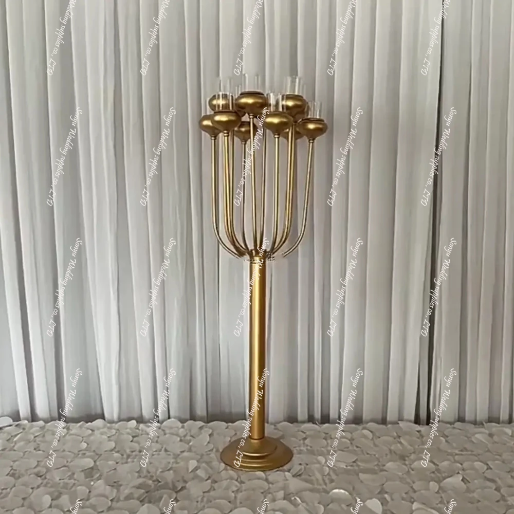 5pcs)12Heads Gold Metal Candelabra Round Centerpieces Acrylic Table Decoration Golden Candle Holder Wedding