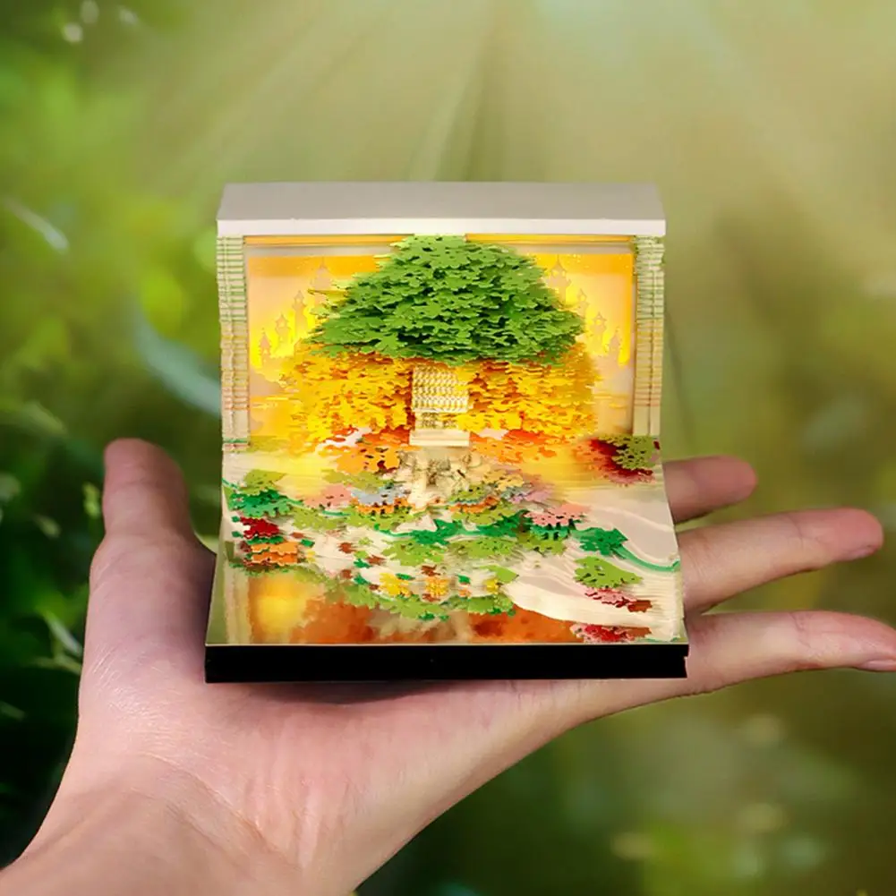 2026 Desk Calendar with LED Light Tear-off Decorative Panda Calendar Christmas Gift 3D Time Piece Calendar Carved Tree Memo Pad