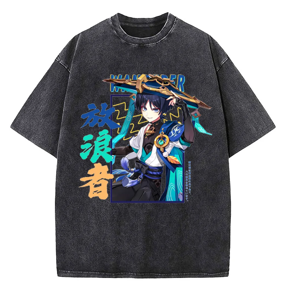 Genshin Impact Washed T shirt Cotton High Quality men University hip hop 80s Pop Culture t shirt Classic kawaii anime Retro