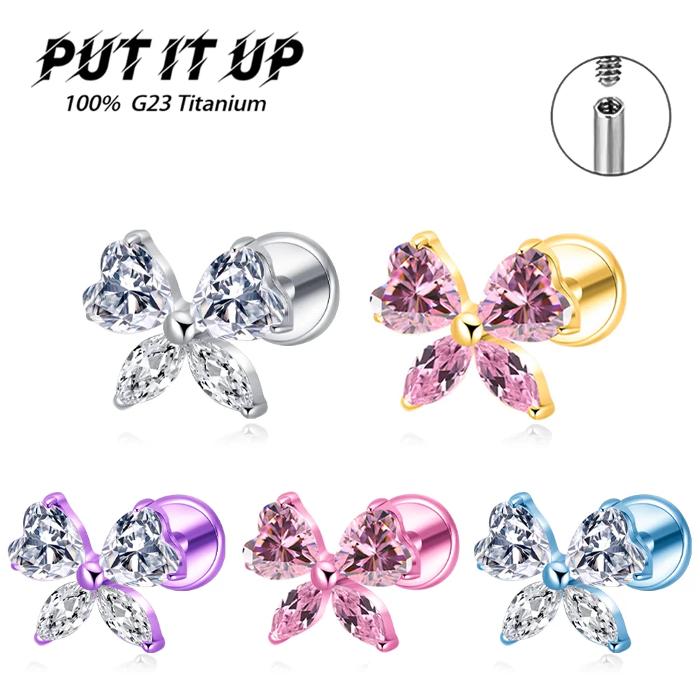 PUTITUP Official High-Quality F136 Titanium Alloy Fashion Heart-Shaped Bow Stud Earrings Anodized Ear Cartilage Piercing Jewelry