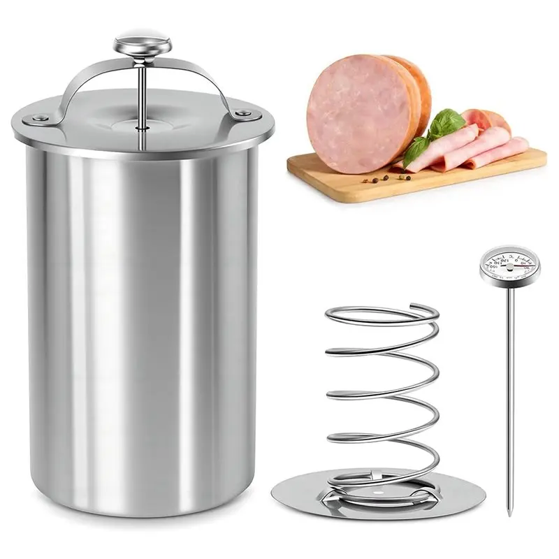 ABCA-Thermometer Equipped Stainless Steel Lunch Meat Press, Spring-Mechanism Ham Maker, DIY Meat Mold For Home Cooking And Sandw