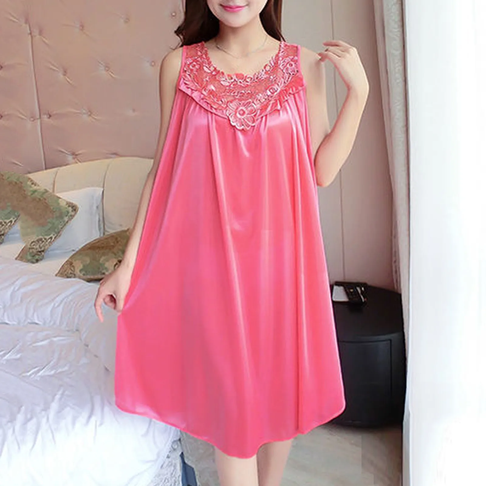 Large Sexy Night Dress Ice Silk Satin Sleepwear Female Nightgown Lace Ice Silk Sleeping Dress Medium Length Sleeveless Tank Tops