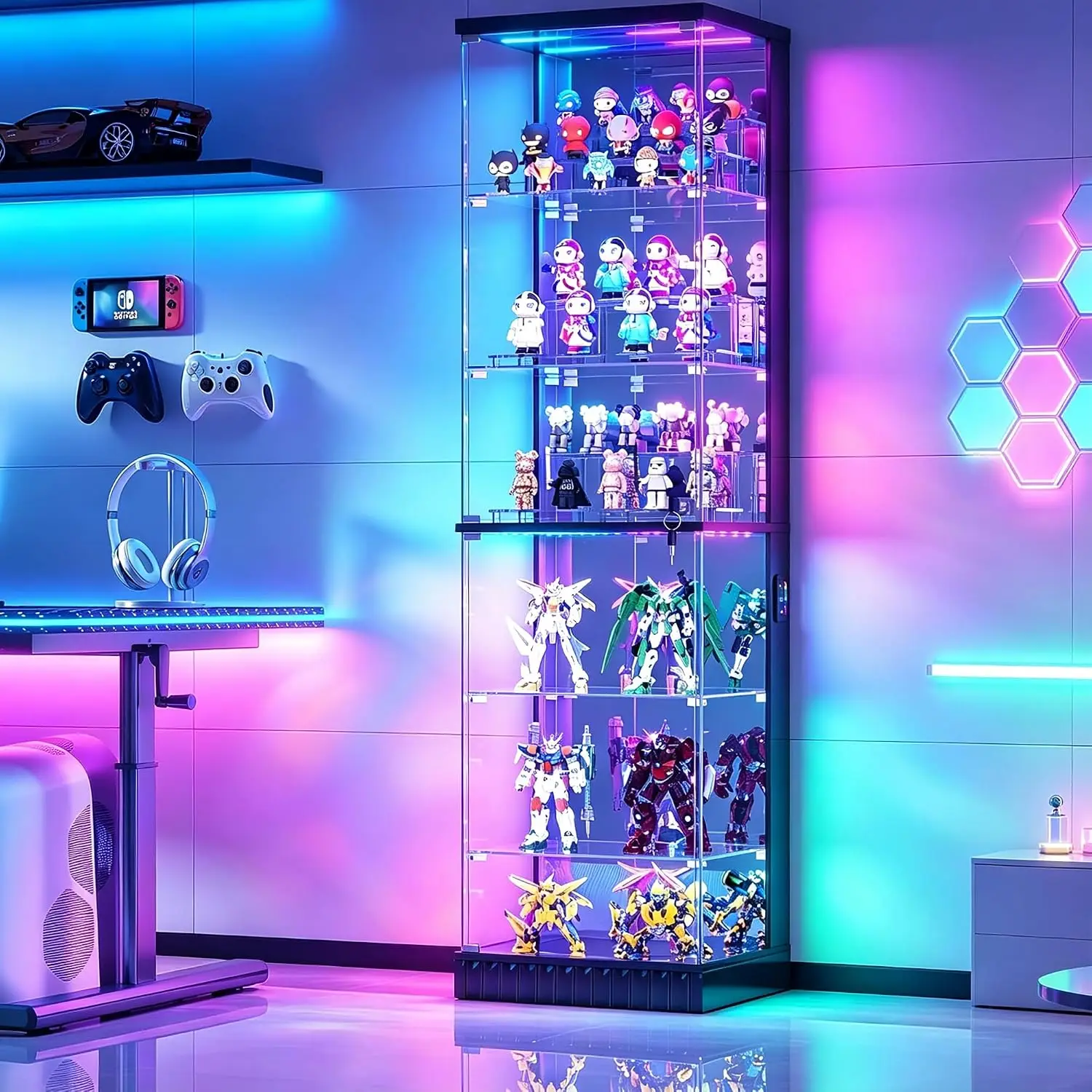 6-Tier Tall Glass Display Cabinet with RGB Lights for Collectibles