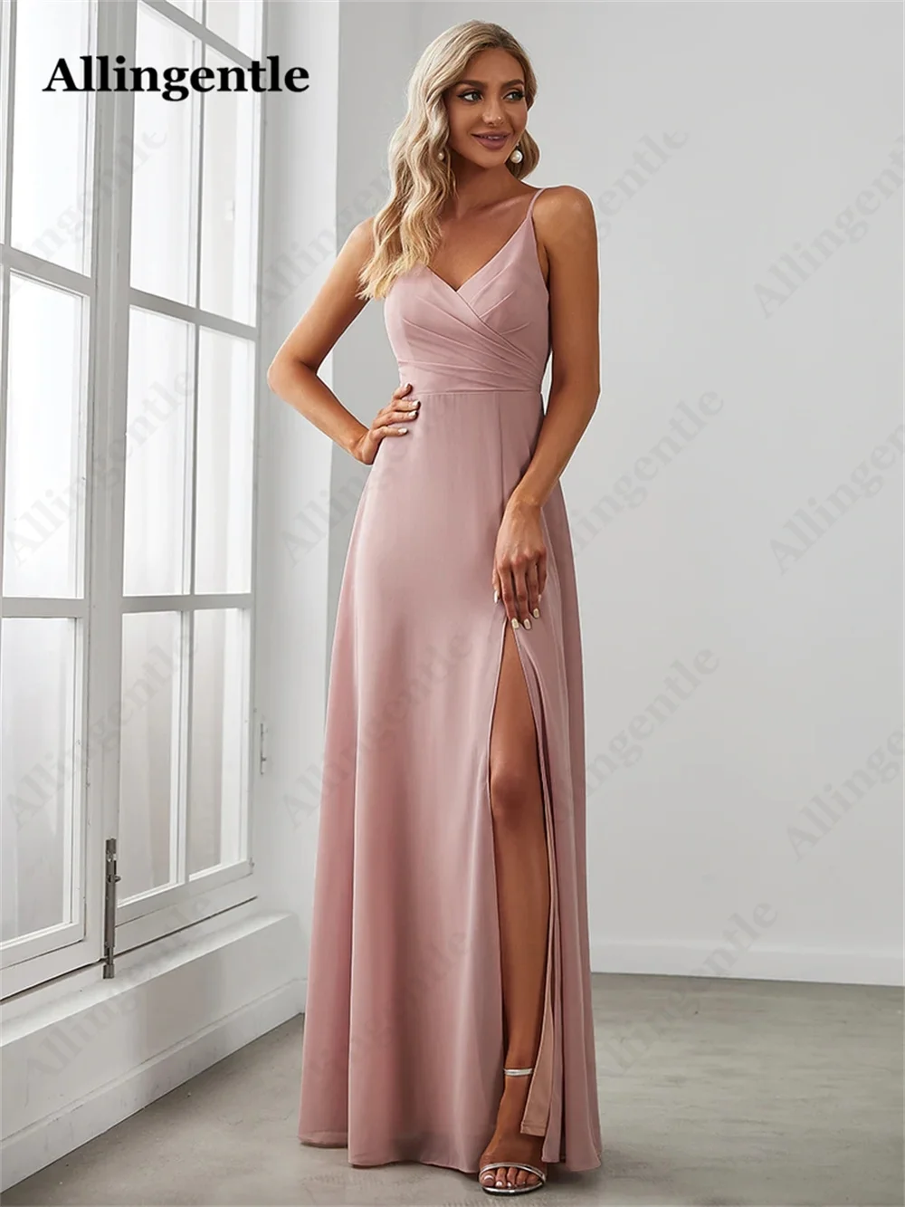 Allingentle Chiffon Bridesmaid Dresses V-Neck Floor-Length A-Line Maxi Evening Gowns Simple Prom Dress for Women Customized