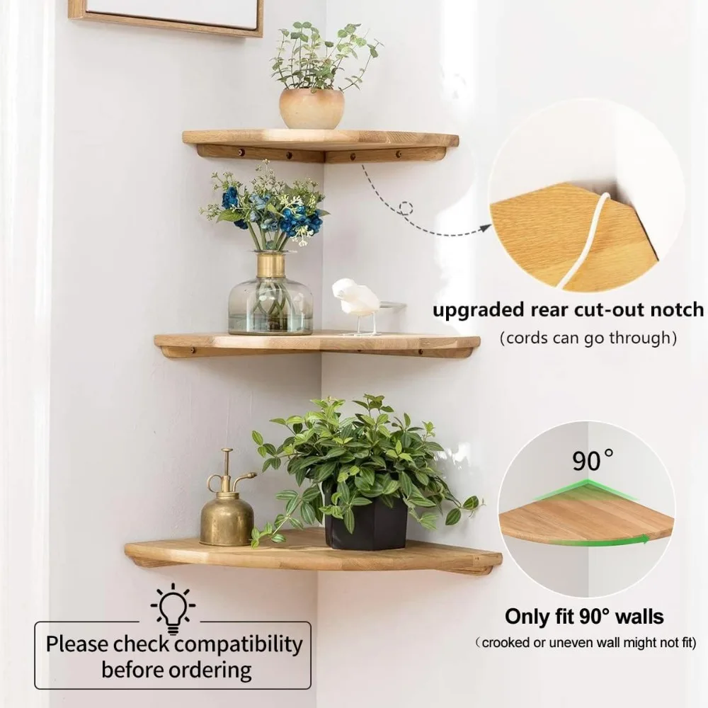 Corner Shelves, Floating Corner Shelf, Set of 2 12inch Solid Oak Wood Corner Wall Shelves, Round End Wall Mount Display