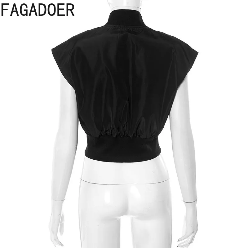 FAGADOER Casual Zipper Cardigan Tanks T-shirt Women Black Sleeveless  O-Neck  Crop Top Female Streetwear Summer Trend Clothing