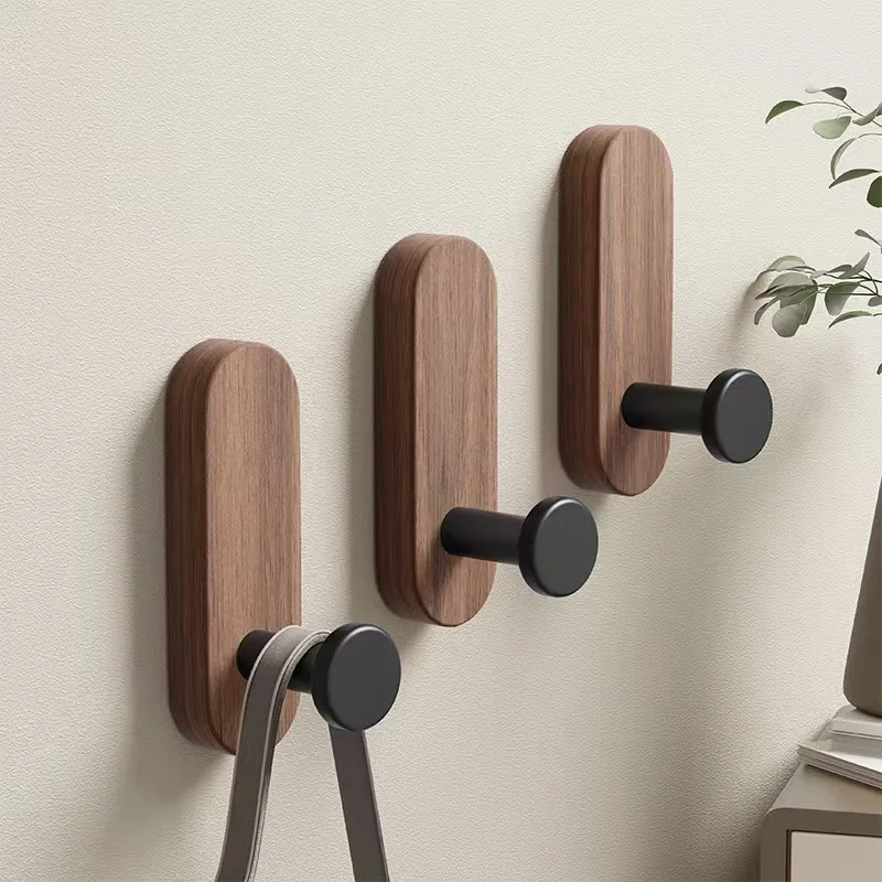 Self Adhesive Mounted Walnut Wood Wall Hooks for Hanging Coat Towel Clothes Blanket Hat Backpack Robe Entryway Key Holder