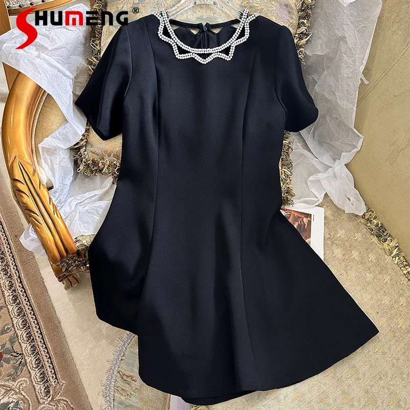 

2024 Summer New Socialite Style Heavy Industry Beaded Short-sleeved O-neck Vestidos French Romantic Party Dress Women's Clothing