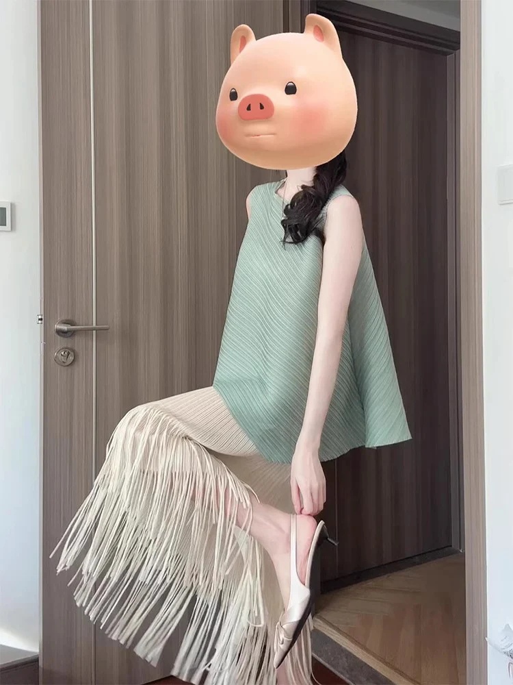 

Летний синий комплект: топ без рукавов с капюшоном и юбка с бахромой и плиссировкой – женский повседневный модный ансамбль