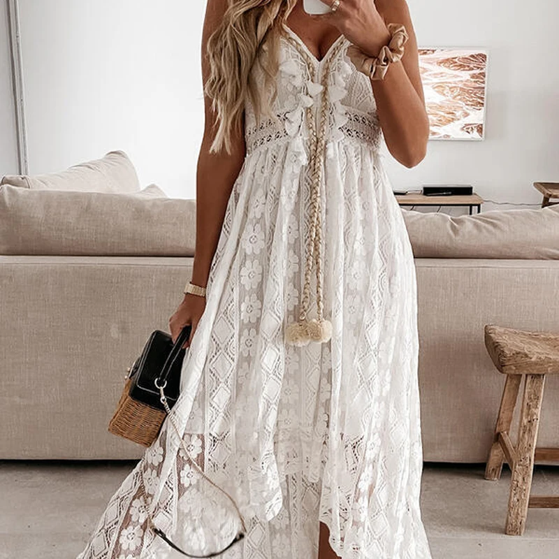 Summer New Lace Sling Big Swing Solid Color Long Skirt Dress Spring V-neck Sleeveless Beach Dresses Casual Chain Link Dress image 4
