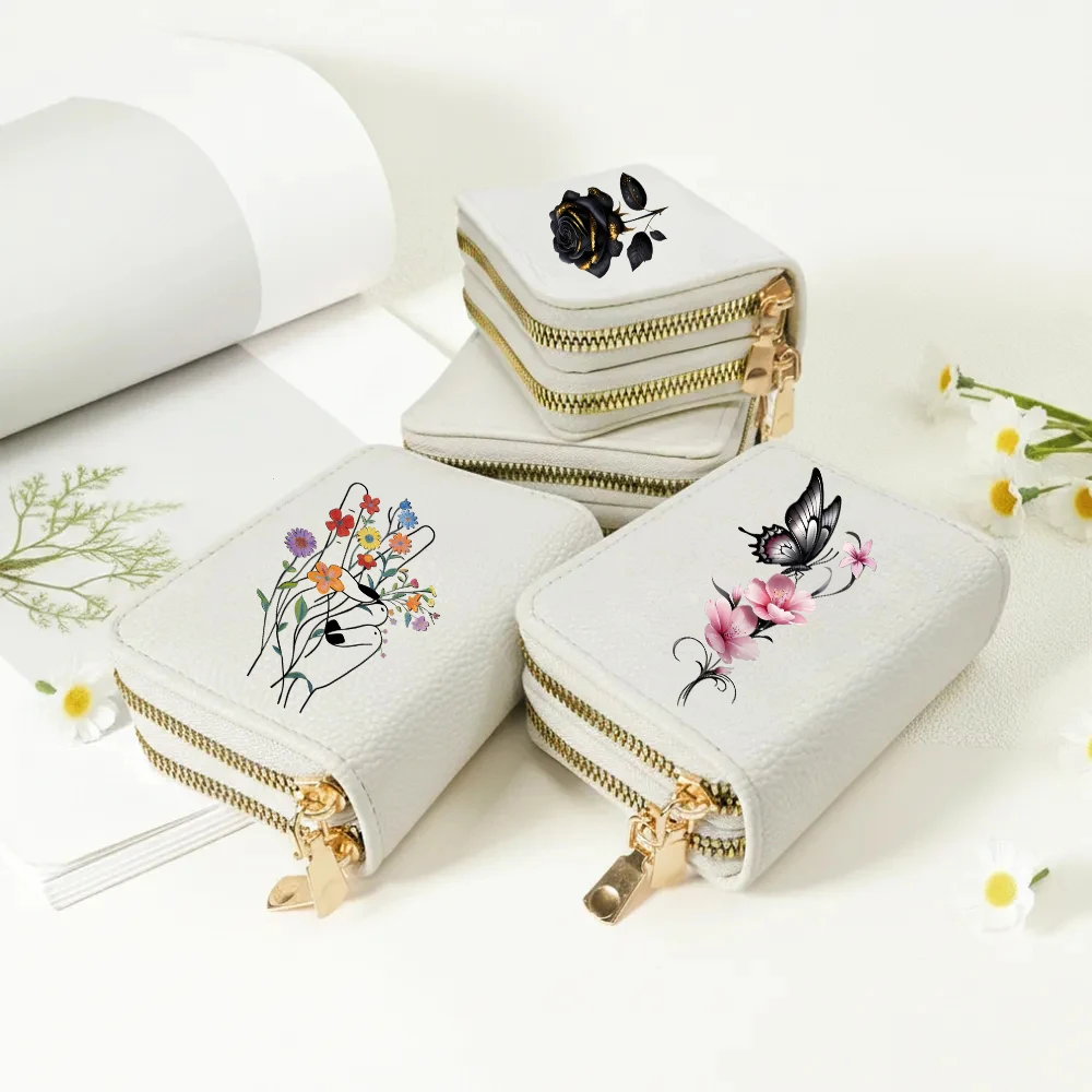 Butterfly & Flowers Black Rose Damen-Geldbörse mit doppeltem Reißverschluss, Lychee-Kreditkartenetui mit großem Fassungsvermögen und Münzfach