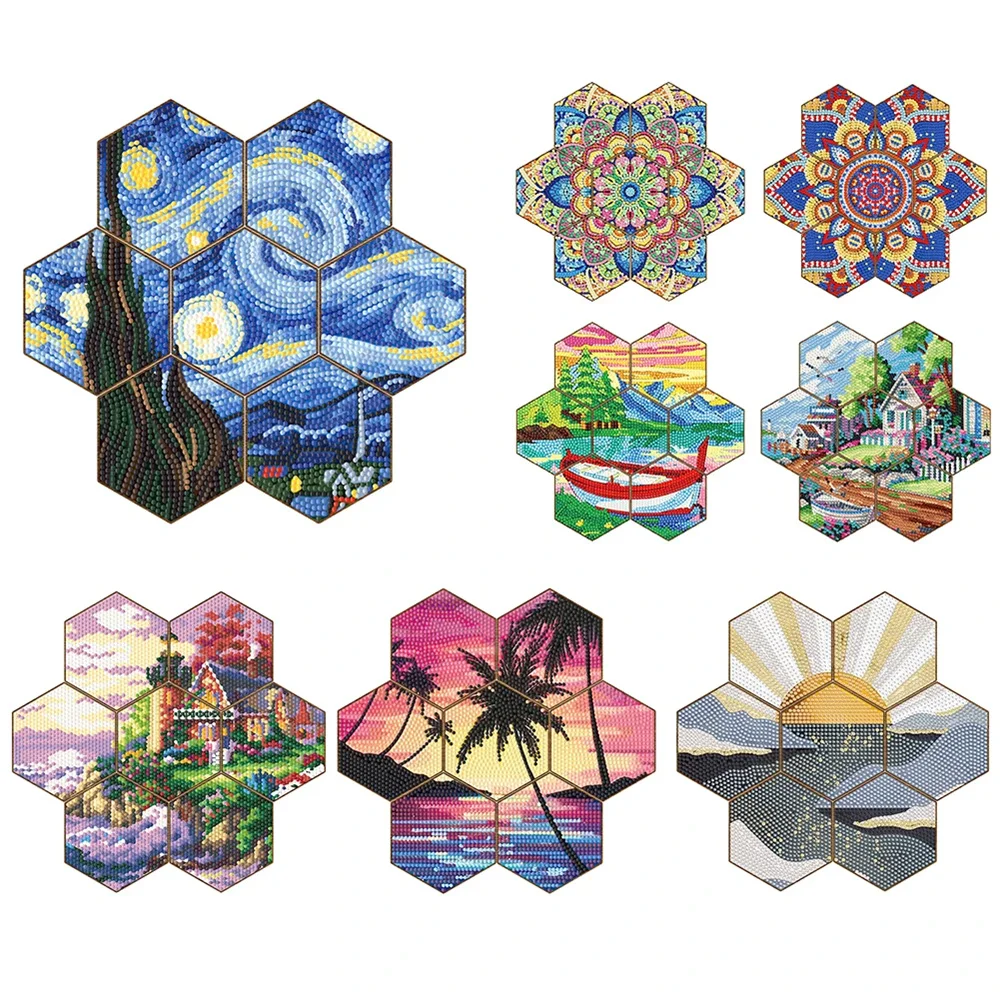 

7PCS Hexagonal Starry Night Diamond Painting Coasters Kit With Holder Stackable DIY Coaster Honeycomb Shape Tablemat