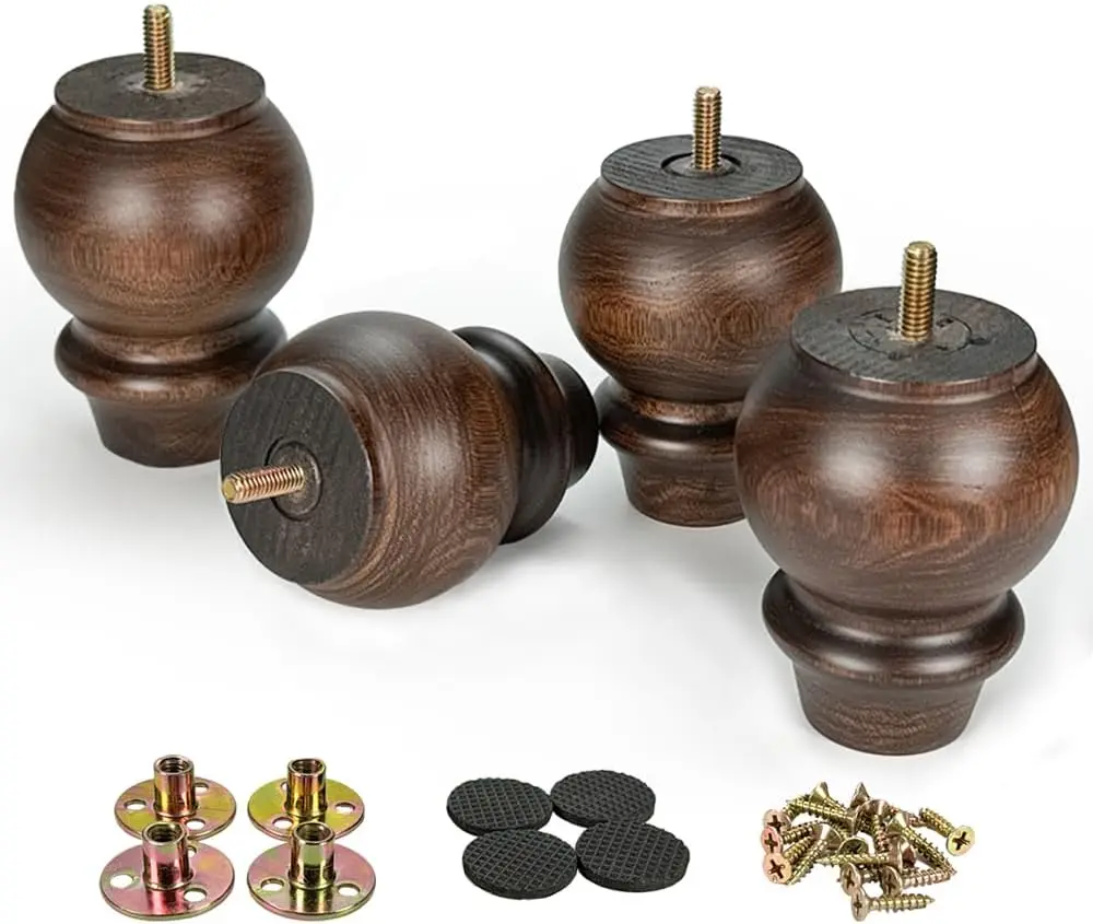 4インチ木製家具脚4本-ブラウン無垢材脚-ソファ-カウチ-キャビネット-ドレッサー-オットマン-テレビ台-ベッド脚-取付プレート付き