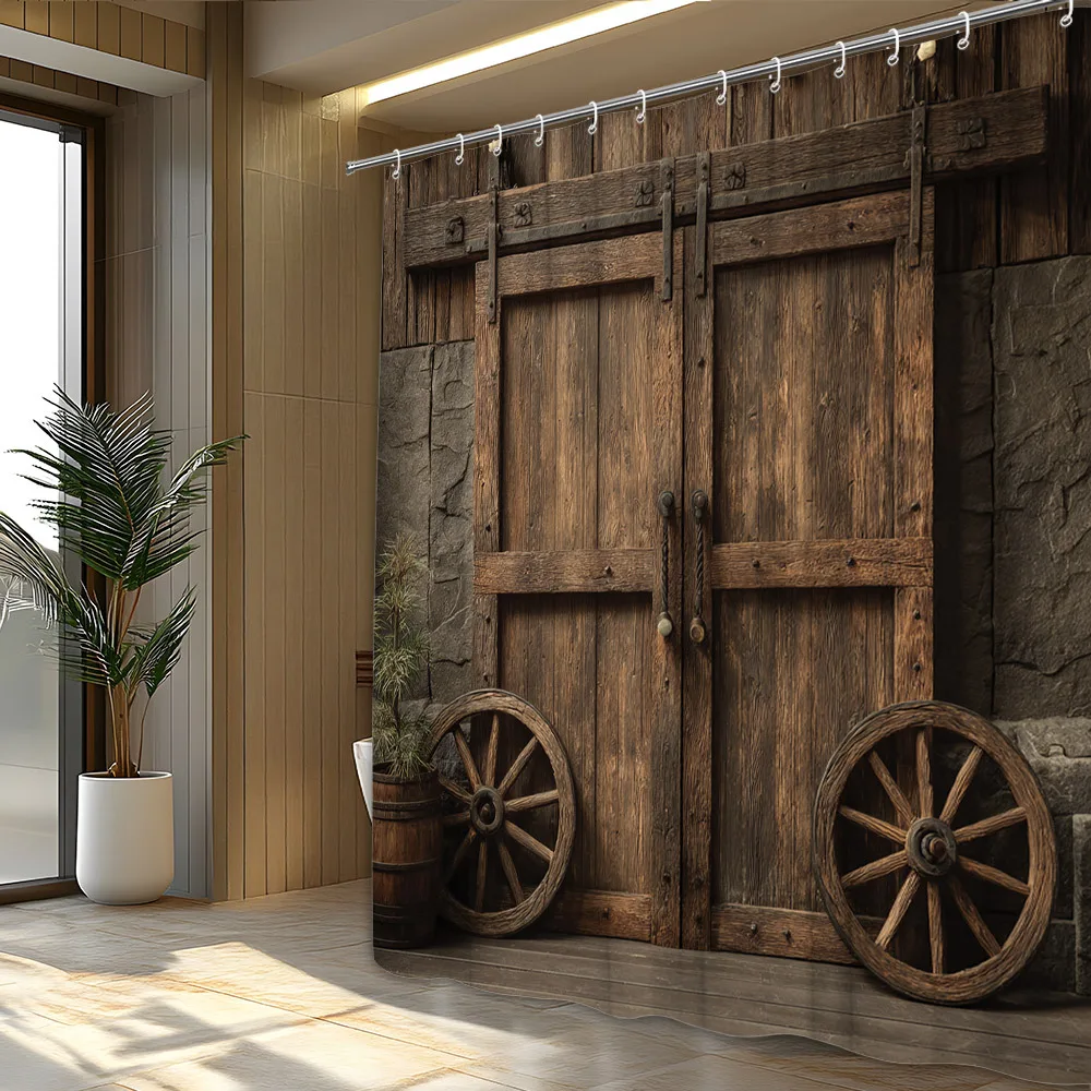 1pc Vintage Barn Door Shower Curtain - Weathered Wood & Stone Farmhouse Design with Wooden Wheels, 12 Hooks, 70.87 x 70.87 Inch