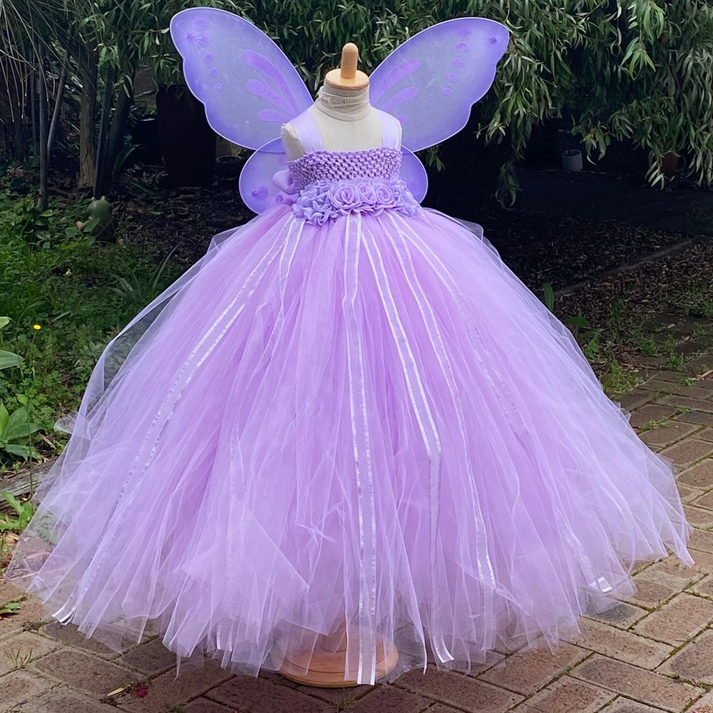 Girls Lavender Fairy Dress Kids Crochet Flower Tutu Dress Ball Gown with Butterfly Wing Children Birthday Party Costume Dresses