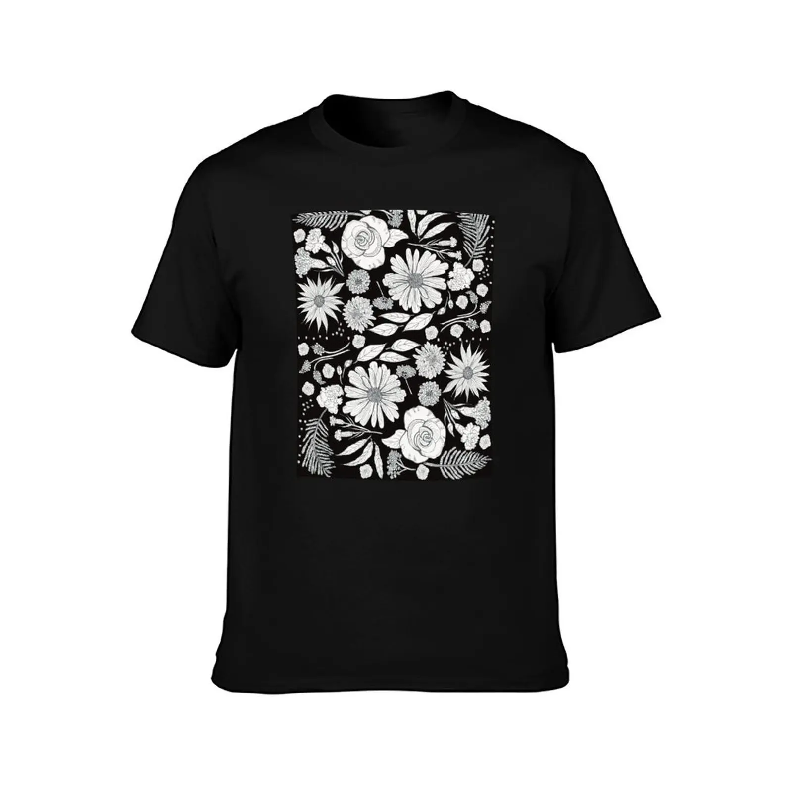 Floral Medley in Bloom White on Black T-Shirt t shirts for man slim fit T-Shirt