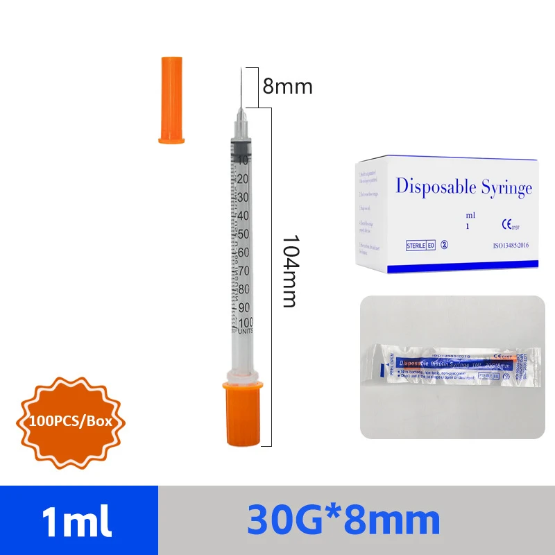 حقنة أمان متعددة الحجم 1 مل مع إبرة للأنسولين معقمة ملفوفة بشكل فردي للحيوانات الأليفة وحيوانات المزرعة، 100 قطعة/صندوق