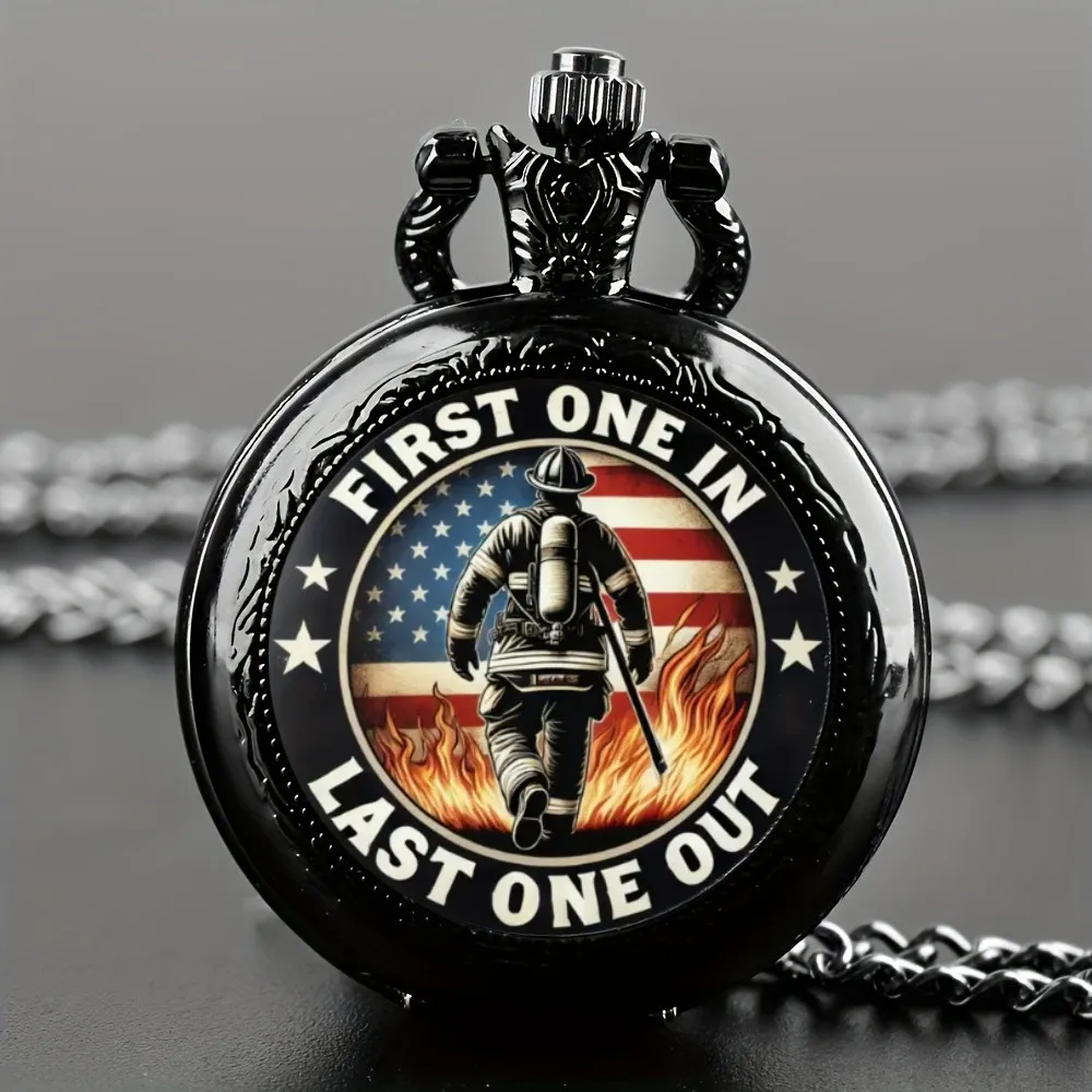 Exquisite Vintage Black Color Fireman Pattern Design Pocket Watch ,Mini Size Quartz Movement Watch,Gift for Men Female Kids