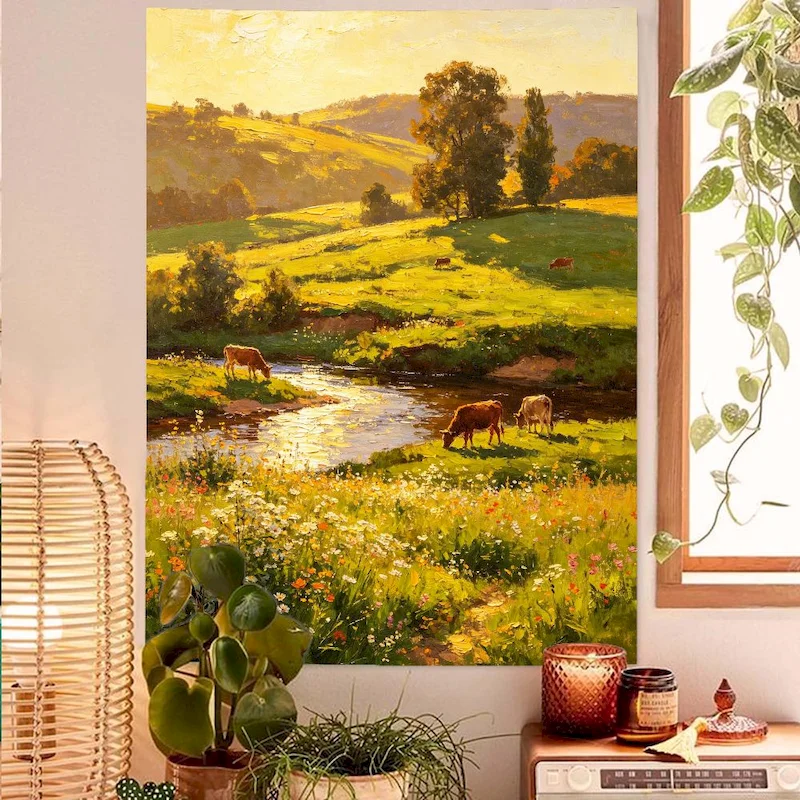VIKAMA Mountain Slope Ranch Wildflowers Creek Cattle Morning Oil Painting Tapestry Bedroom Wall Hanging Home Decoration