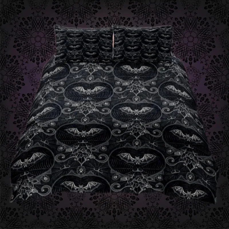 Gothic Bat Print Bedding Set 3pcs Dark Pattern Duvet Cover with Pillowcases Vintage Dark Style Home Textile Bed Linens