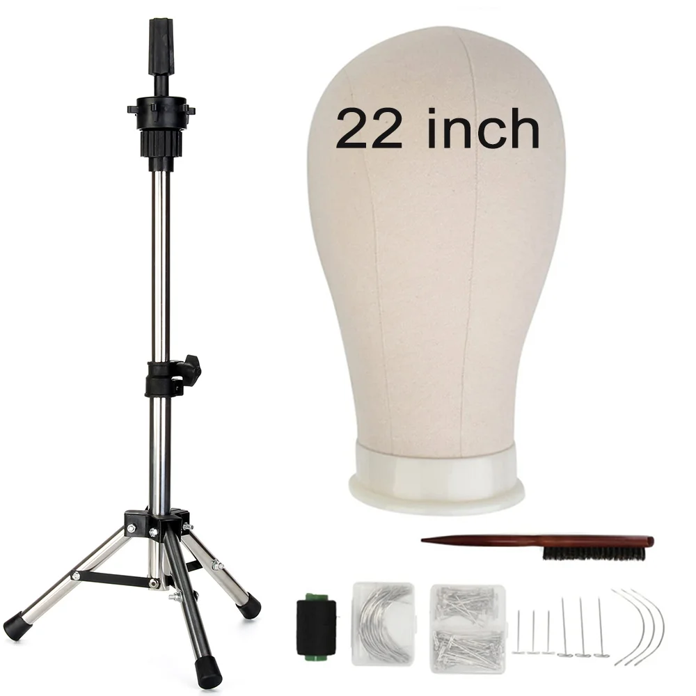 Canvas Block Head Wig Mannequin Head with Stand Styling Training Manikin Head Wig Stand Tabletop Tripod Free Get T Needle Holder