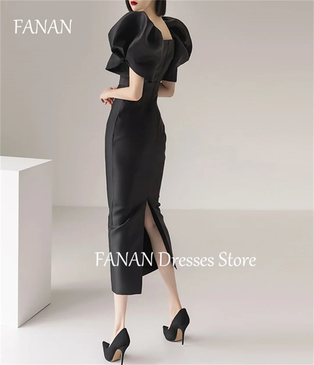 FANAN Square Neck Black Satin Fashion Evening Party Dresses Puff Sleeves Sheath Japan Simple Women Formal Gowns Event Prom Gowns