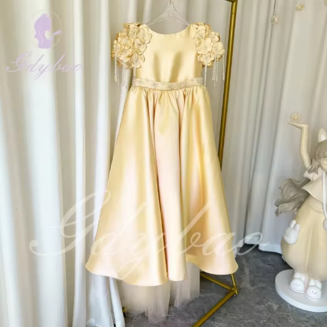 فستان فتاة الزهور لحفلات الزفاف ثلاثية الأبعاد مزين بالخرز من الساتان المطرز بالترتر مطرز الأميرة للأطفال أول حفلة بالتواصل #6