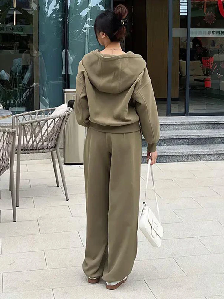 Casual Fall Winter Two Piece Set Korea Hooded Zip Sweatshirt Jackets Coats Tops Tracksuit High Waist Baggy Wide Leg Pants Suit