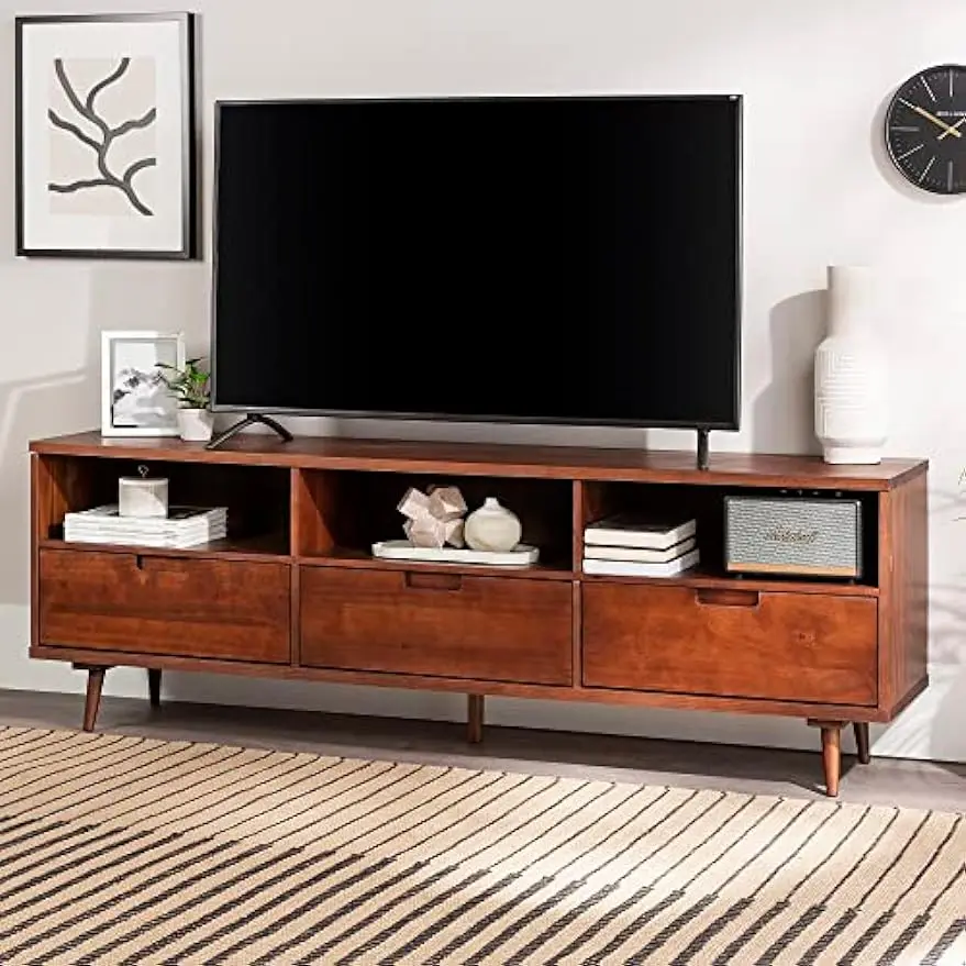 Walker-Edison Millie Mid Century Modern 3 Gaveta de madeira maciça Low Stand para TVs, até 80 polegadas, 70 Polegada, noz