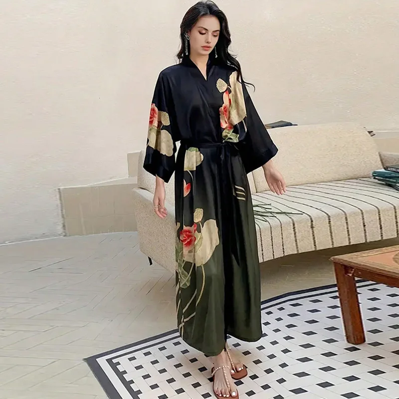 الأوروبية والأمريكية الرجعية أنيقة فضفاضة الأزهار طباعة منتصف طول كيمونو سترة Haori سترة الصيف التعادل متابعة يوكاتا رداء الشاطئ التستر
