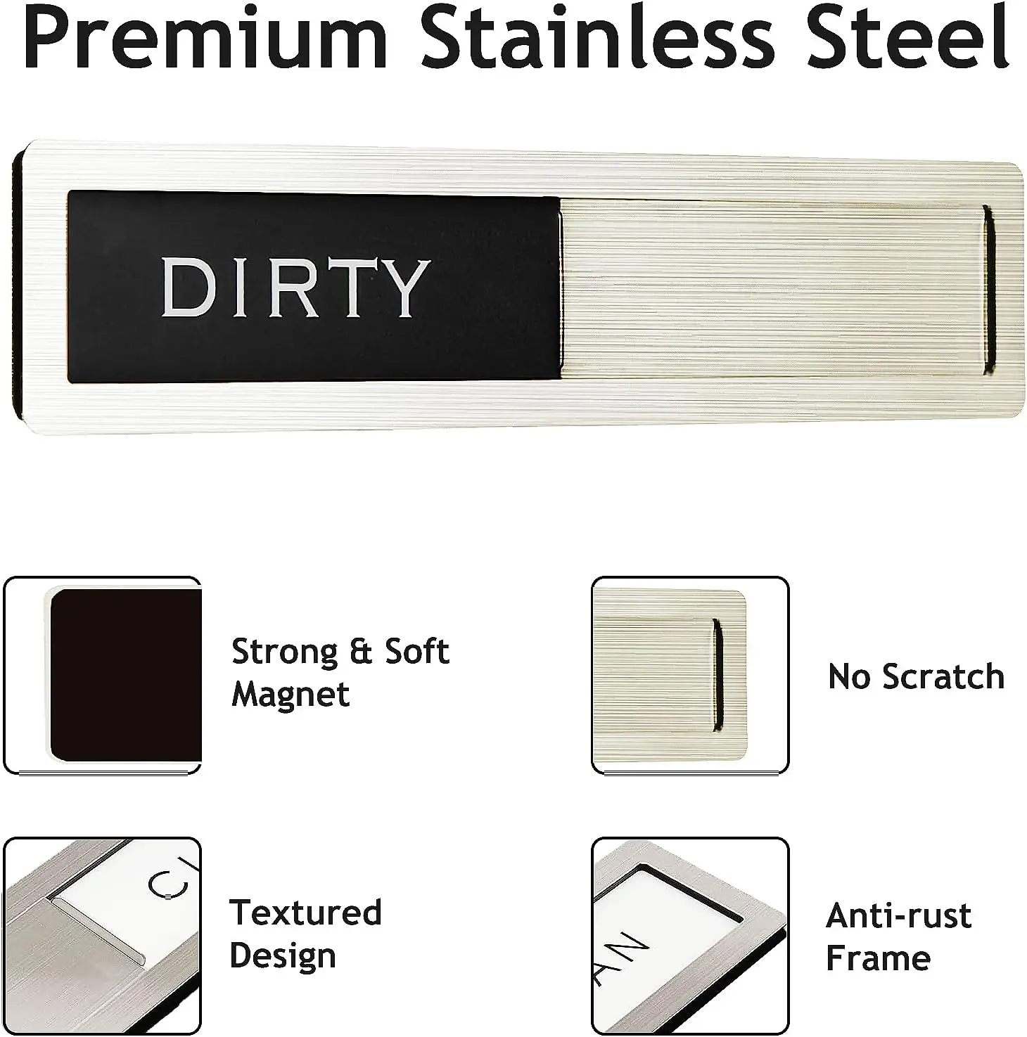 Dishwasher Magnet Clean Dirty Sign, Premium Stainless Steel Black and White Non-Scratch/Kitchen Decor/Easy to Read & Slide