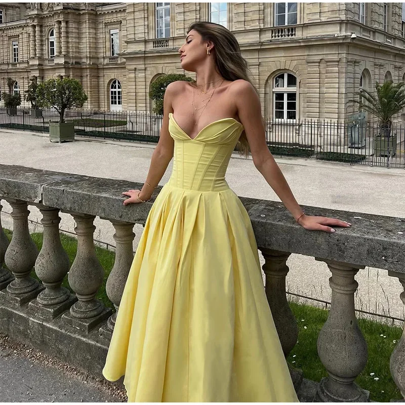 DSMTRC Women 2025 New Arrivals Elegant Formal Occasion Dress Summer Strapless Bodycon Dresses Yellow Guest Party Dresses Vestido