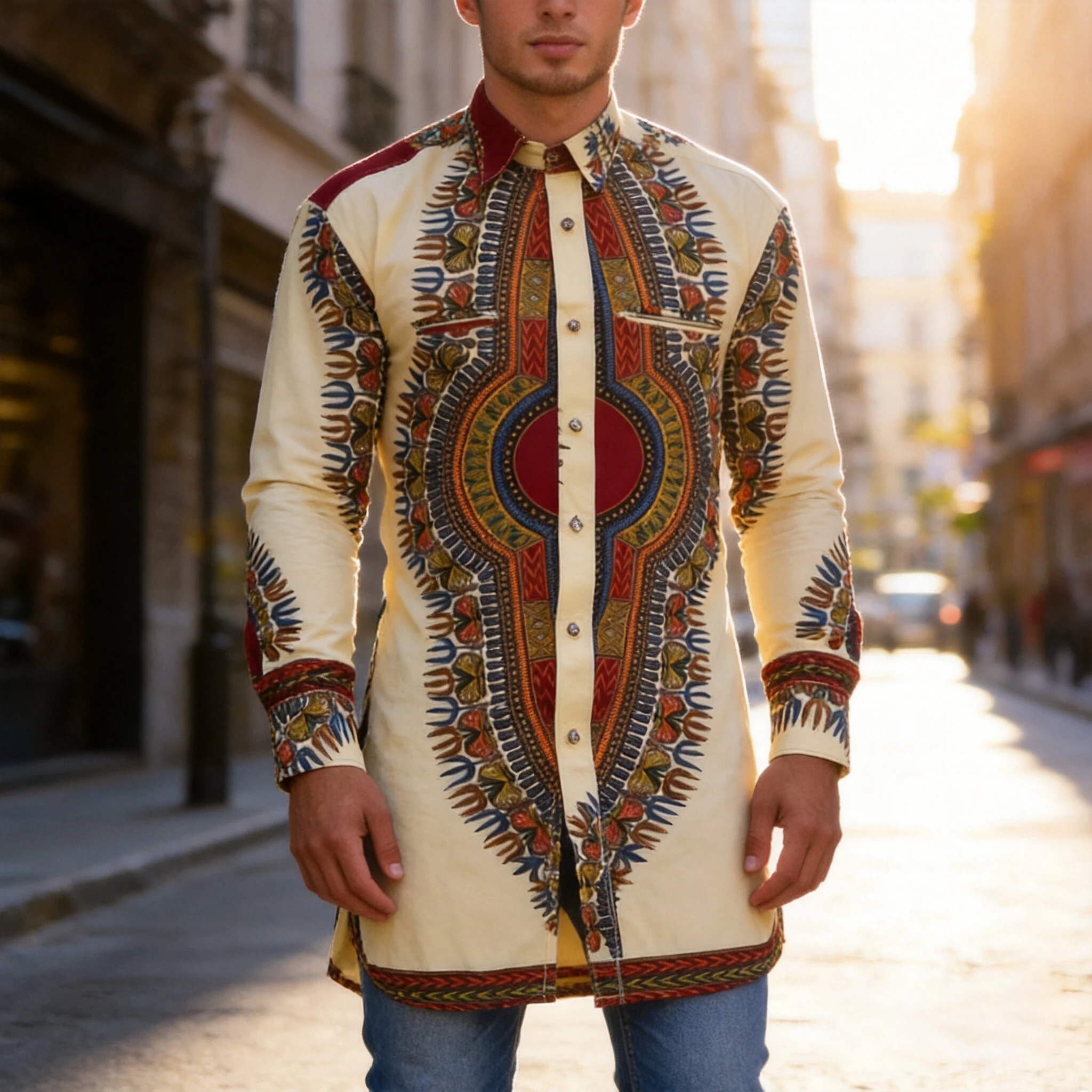 Men African Print Long Sleeve Tunic Shirt Vintage Ethnic Geometric Pattern Mid Length Button Down Shirt Casual Streetwear Party