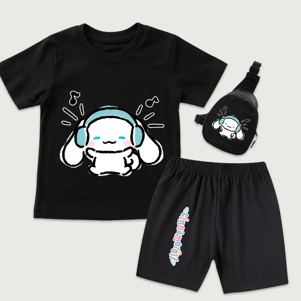 Cinnamoroll Headphone Music Print Kids Cotton T Shirt Shorts Mini Chest Bag 3 Piece Set for Boys Girls Summer Outfit