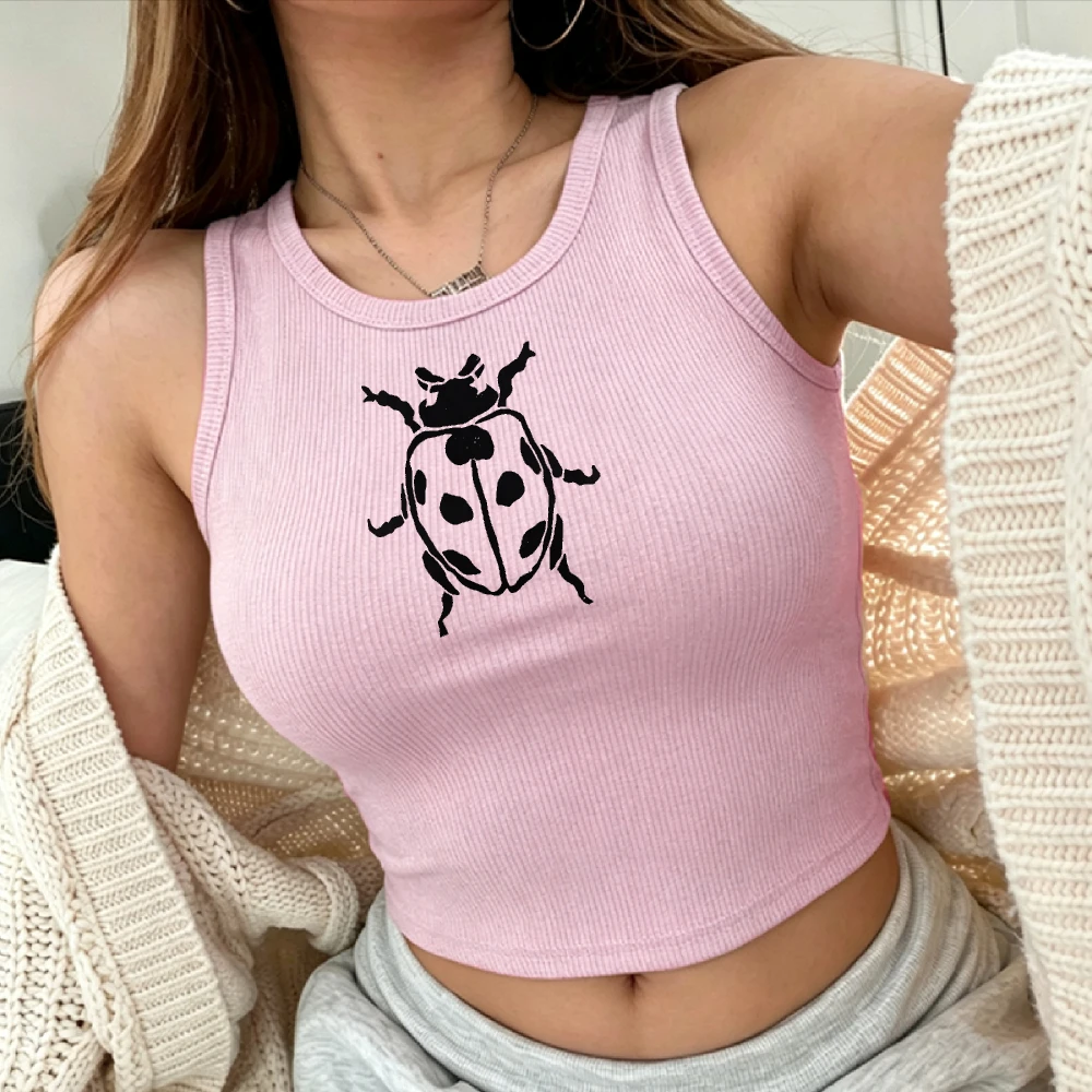 Y2k Ribbed Crop Top Ladybug Insect Fitted Crew Neck 90s Trendy Bug Baby Tee Vintage Weirdcore Coquette Grung Crop Top Women