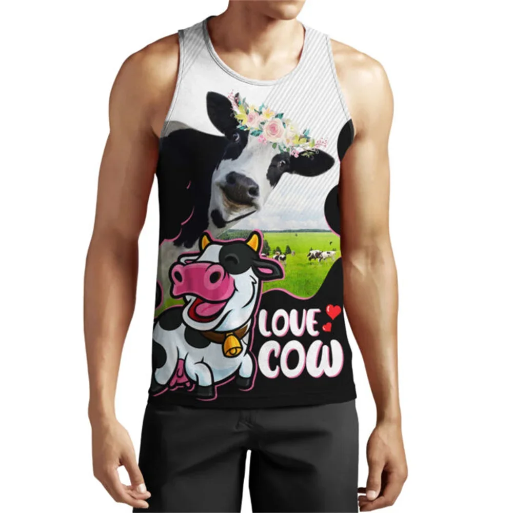 MSIEESO Men Vest 3D Graphics Funny Dairy Cattle Printed Men Tank Tops Streetwear Sleeveless Fashion Summer Cool Casual Tank Tops