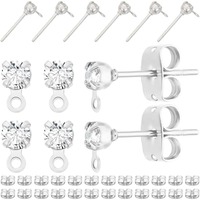 1 Box 40Pcs Stud Earring Findings Platinum Plated Cubic Zirconia Post Studs Earrings with Loop and 40Pcs Butterfly Earring Backs