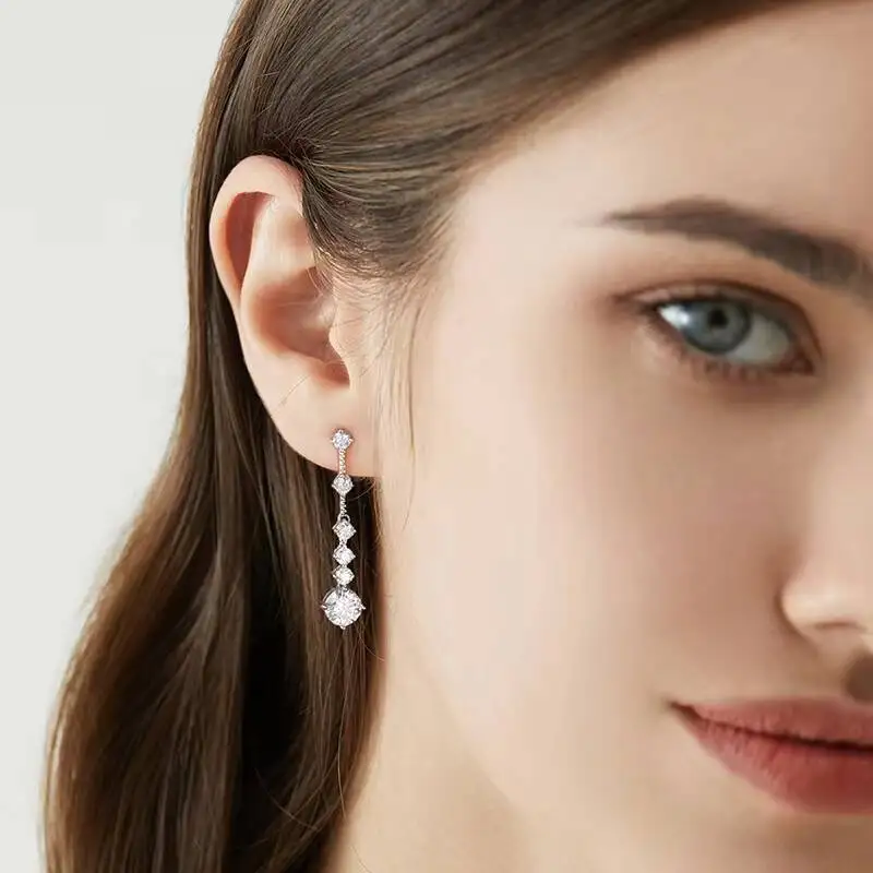 925 Silver Fine Jewelry Women's Long Drop Earrings with 3 and 6 Carats Moissanite Cross Pattern for Weddings and Parties