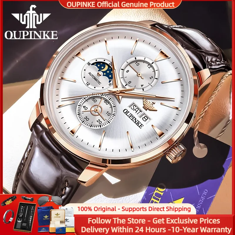 

OUPINKE 3309 All Automatic Men Mechanical Watch Moon Phase Chronograph Men Waterproof Watch Dual Calendar High Luxury Men Watch