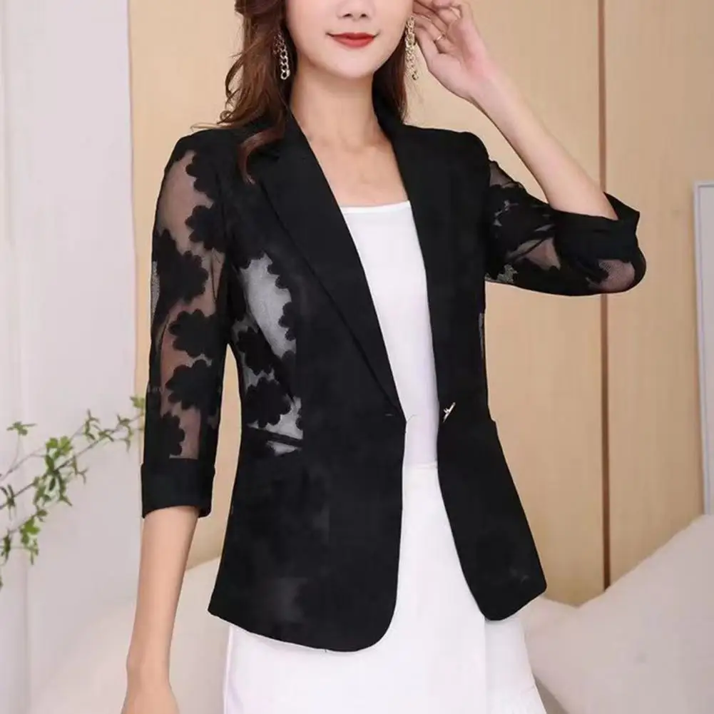 

Women Thin Stylish Summer Lapel Sheer Flower Mesh Yarn Stitching 3/4 Sleeve One Button Closure for Any Occasion 3/4 Sleeves